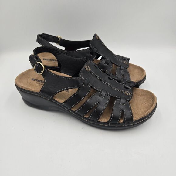 Clarks Lexi Sandals Womens Sz 8.5 W WIDE Black Pewter Leather Wedge Slingback - Picture 1 of 12